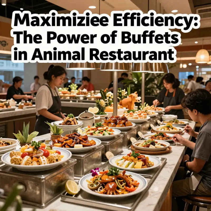 A colorful and inviting buffet in an animal-themed restaurant filled with diverse dishes and happy customers.