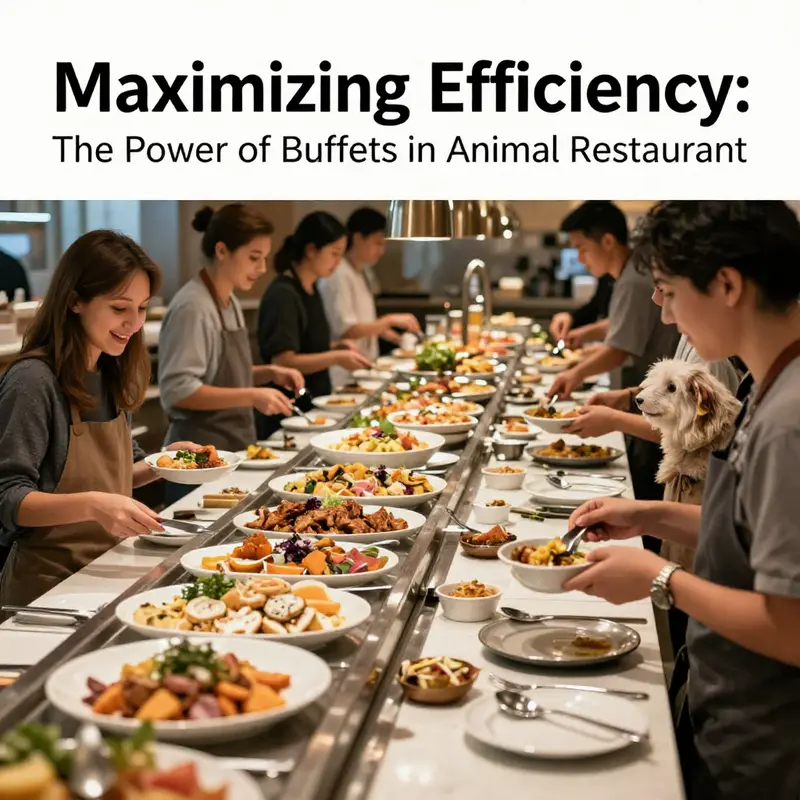 Animal customers joyfully serving themselves from a bustling buffet filled with diverse dishes.