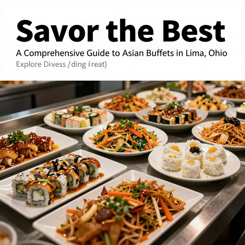 Colorful assortment of Asian dishes laid out in a buffet style, including sushi, stir-fry, and desserts.