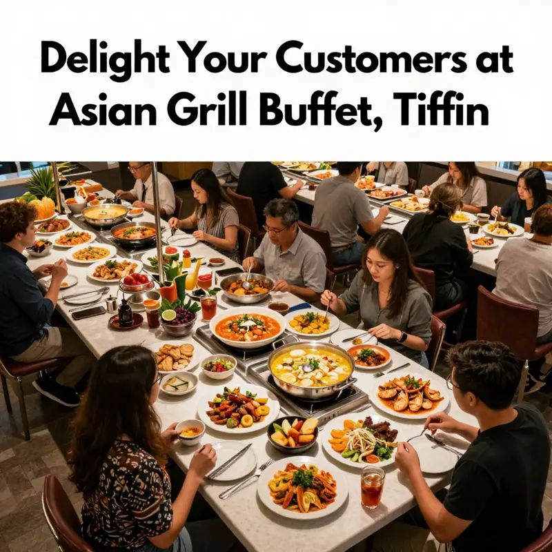 The vibrant self-service stations at Asian Grill Buffet, Tiffin, showcasing a diverse range of dishes.