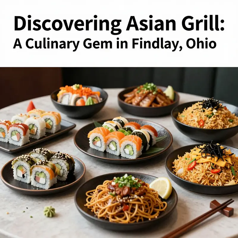 An assortment of vibrant Asian dishes served at Asian Grill in Findlay, Ohio.