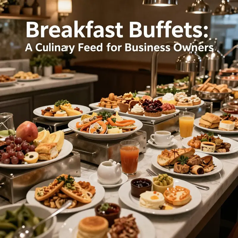 A stylish breakfast buffet featuring an array of dishes in a warm atmosphere, ideal for corporate events.