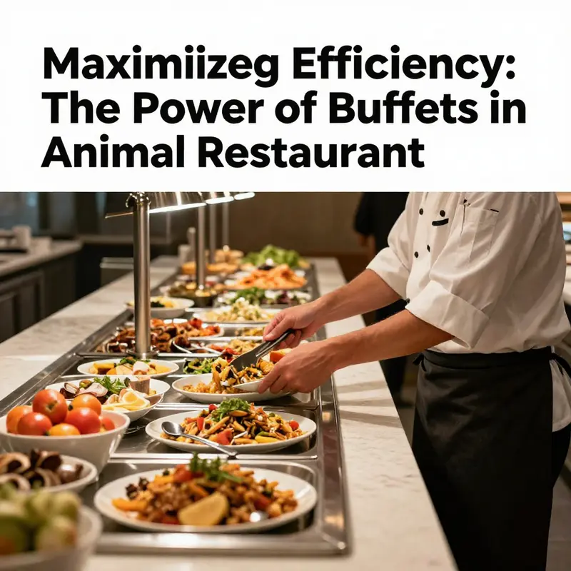 Animal customers joyfully serving themselves from a bustling buffet filled with diverse dishes.