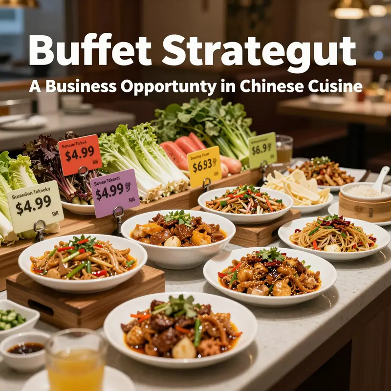 A colorful buffet showcasing various Chinese dishes with clear pricing labels.