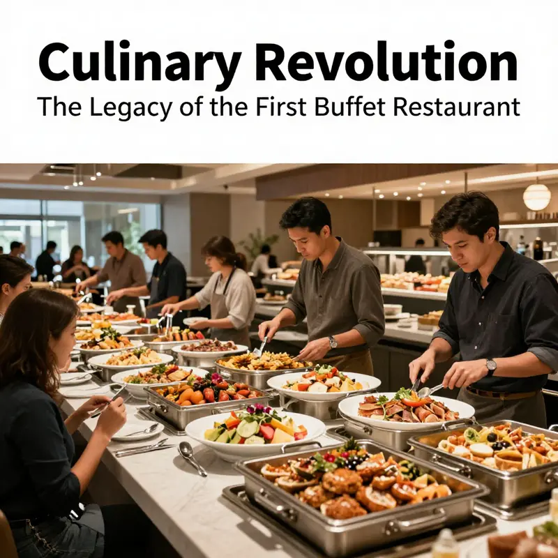 A colorful buffet restaurant scene with customers and an array of food options on display.