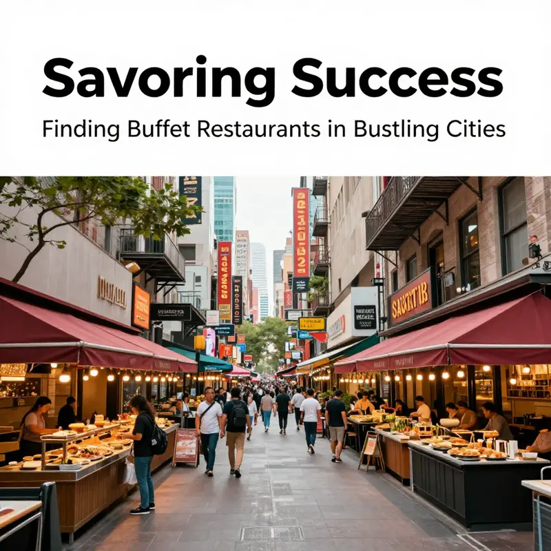 A lively urban scene showcasing buffet restaurants in major cities.