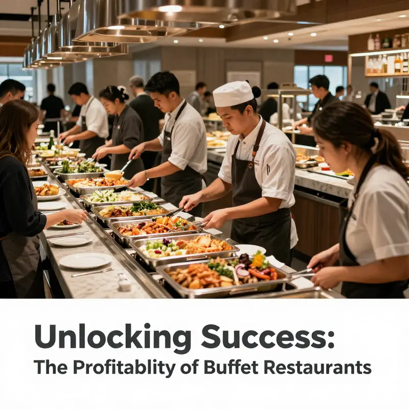 A view showing the vibrant atmosphere of a profitable buffet restaurant filled with patrons enjoying diverse dishes.