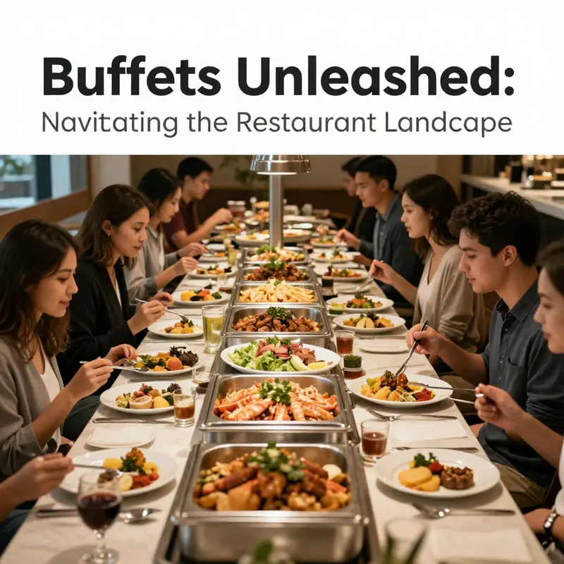 A lively buffet restaurant atmosphere with guests serving themselves food from a wide selection.