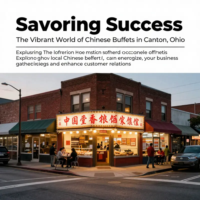 An inviting view of Canton, Ohio, showcasing a popular Chinese buffet among lively storefronts.