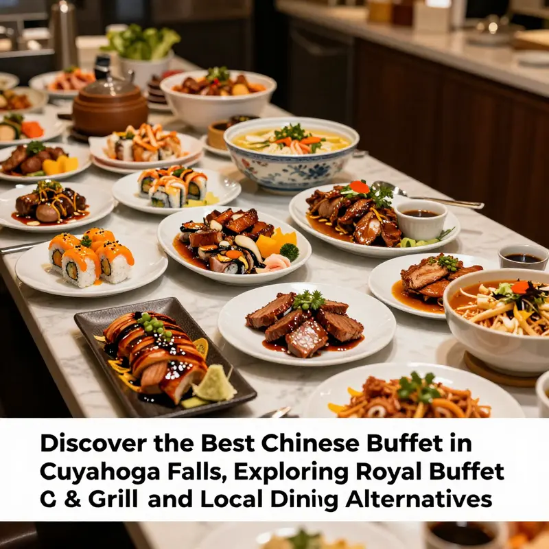 A colorful spread of Chinese buffet dishes, including sushi, grilled meats, and various traditional delicacies.