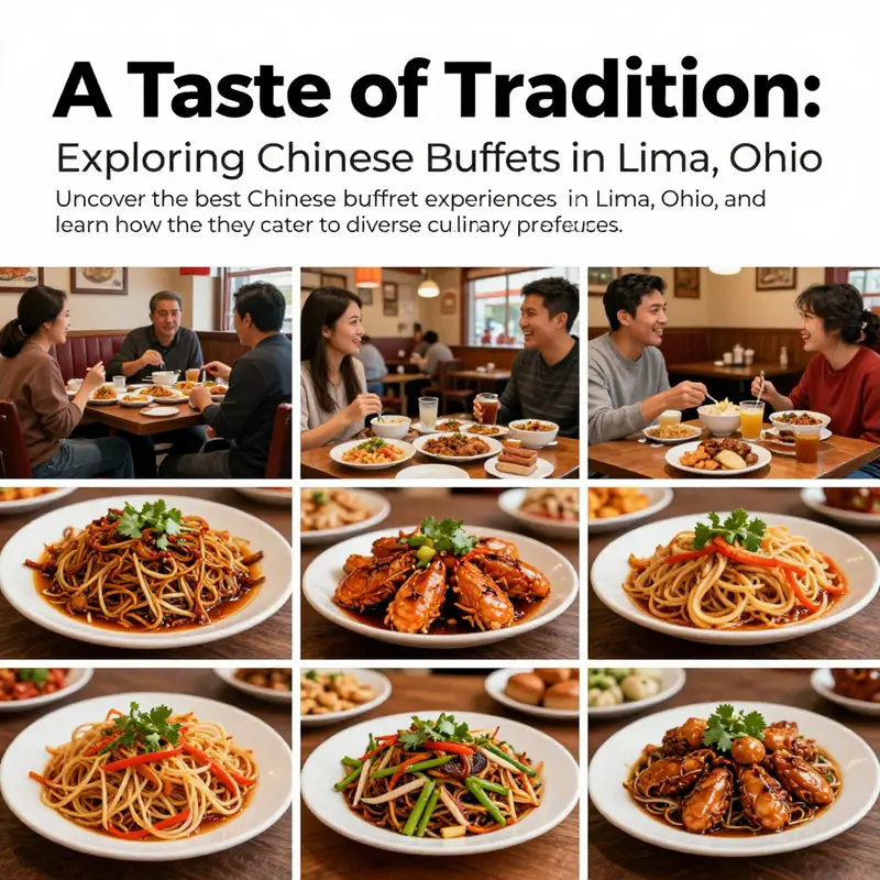 A collage of popular Chinese buffet dishes and satisfied diners in vibrant restaurant settings in Lima, Ohio.