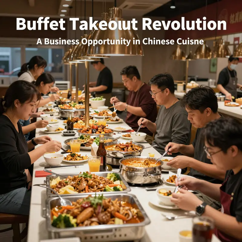 Patrons enjoying a buffet takeout in a vibrant Chinese restaurant, reflecting the modern dining experience.