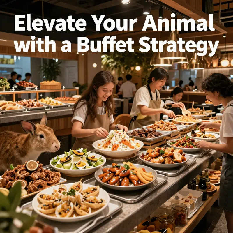 A bustling Animal Restaurant buffet with animals happily enjoying a variety of food options.