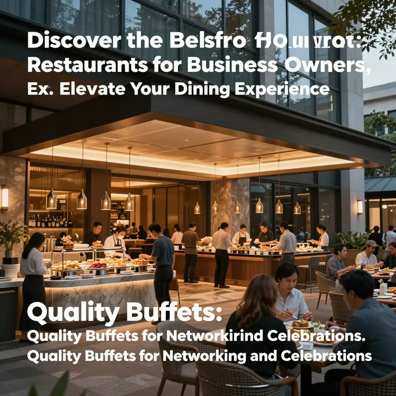 An exterior shot of a luxurious buffet restaurant with a modern entrance and guests dining inside.