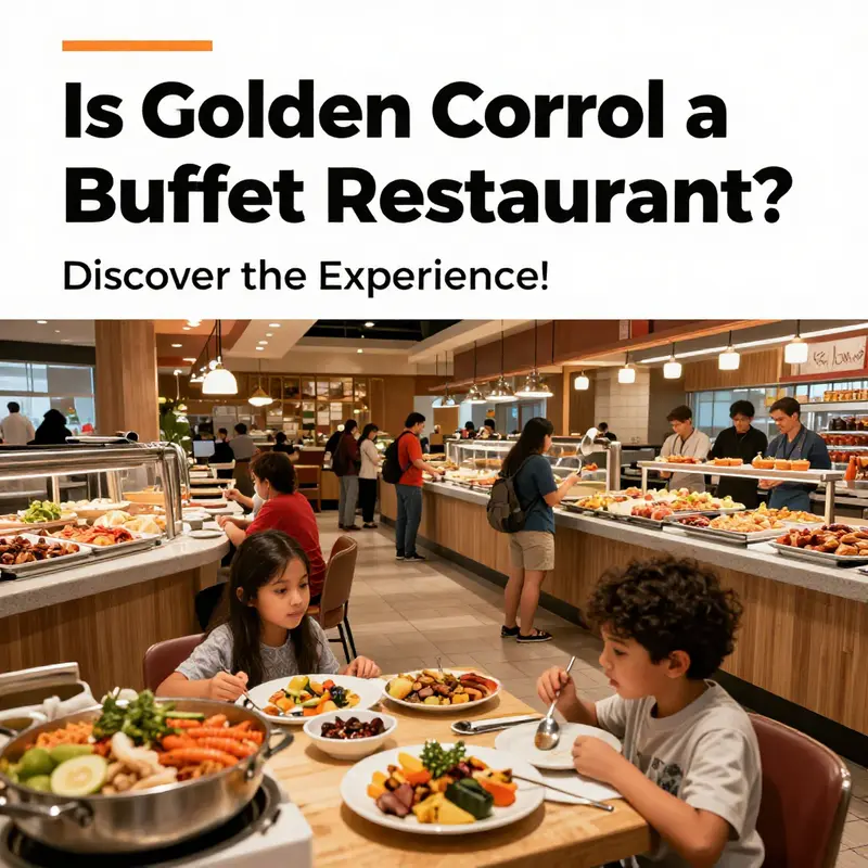 A vibrant image of Golden Corral, featuring families dining and an array of food stations representing the buffet experience.