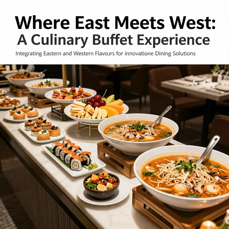 Luxurious buffet table with a mix of Eastern and Western culinary offerings including pho, sushi, pastries, and fruits.