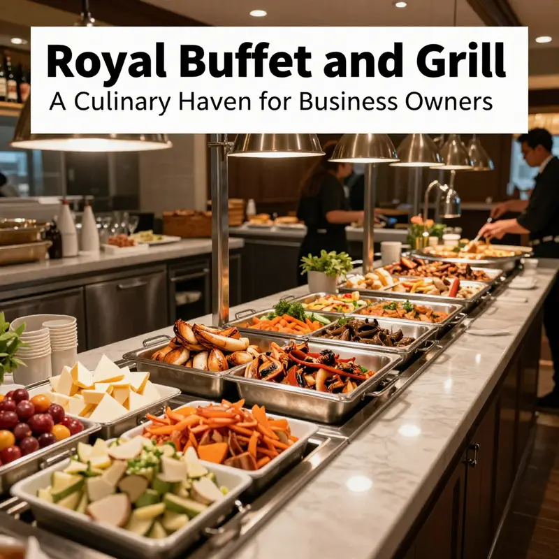 A wide-angle shot of the buffet area at Royal Buffet and Grill, showcasing an extensive selection of fresh and appealing culinary options.