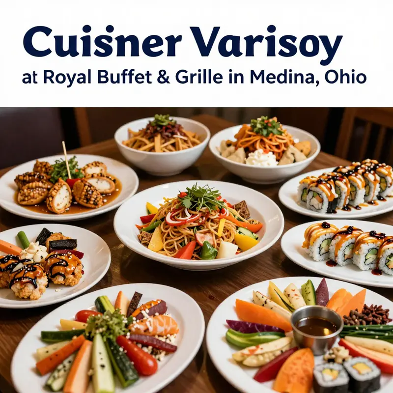 A colorful array of dishes representing the diverse cuisines available at Royal Buffet & Grille.
