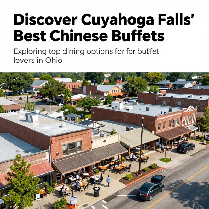 Aerial view of Cuyahoga Falls with bustling restaurants and outdoor cafes.