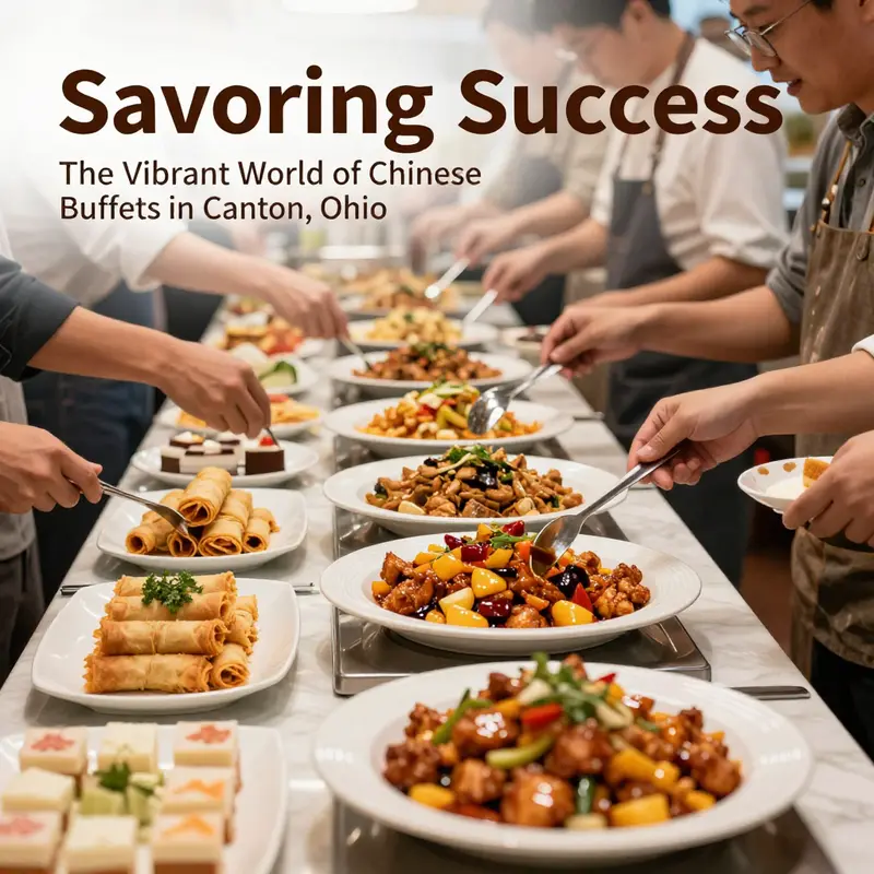 A bustling Chinese buffet scene in Canton, OH, featuring a rich variety of dishes to please every palate.