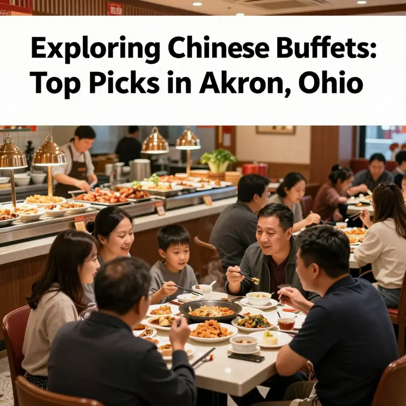 A colorful display of various dishes commonly found at Chinese buffets in Akron, Ohio.