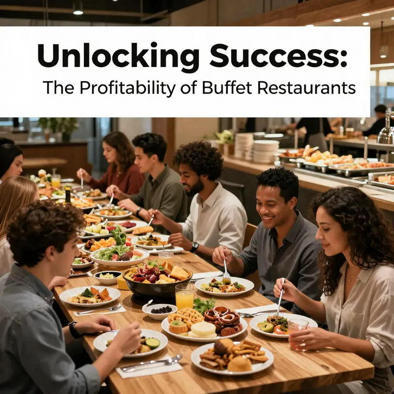 A view showing the vibrant atmosphere of a profitable buffet restaurant filled with patrons enjoying diverse dishes.