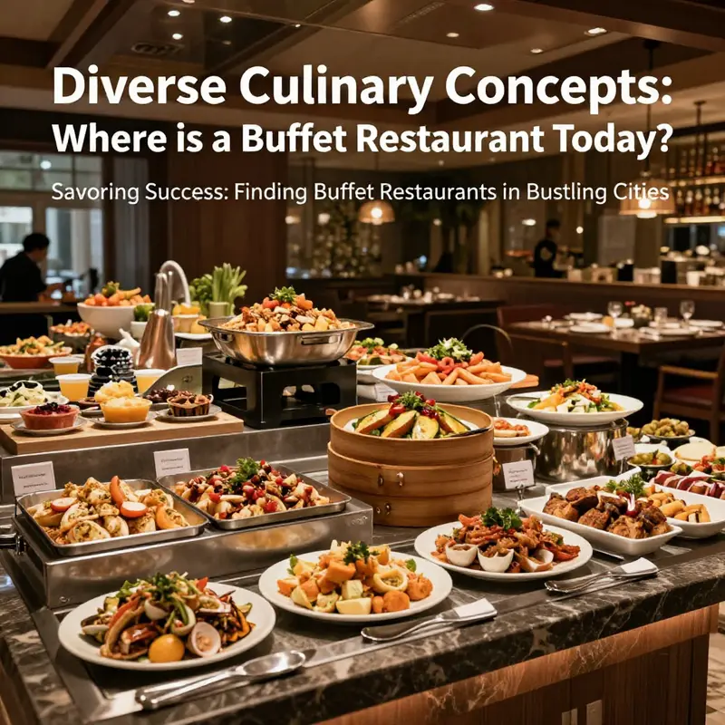 A lively urban scene showcasing buffet restaurants in major cities.