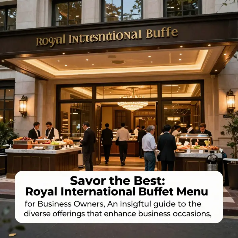 A charming exterior view of the Royal International Buffet with guests entering to enjoy a buffet experience.