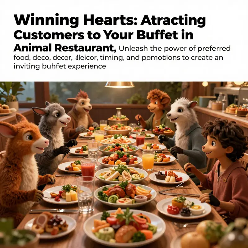 A lively buffet in an animated restaurant, featuring various dishes and happy animal customers.
