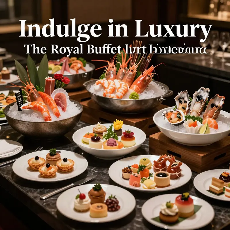 A beautifully arranged buffet showing an assortment of gourmet dishes, capturing the luxurious dining experience offered at the Royal Buffet.