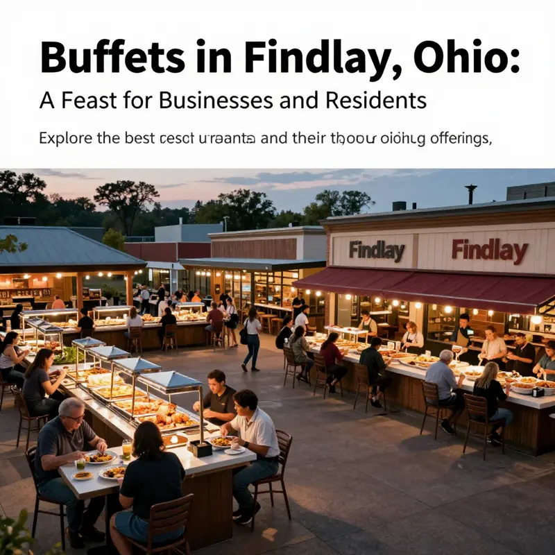 Panoramic view of multiple buffet restaurants in Findlay, Ohio, showcasing a lively dining atmosphere.