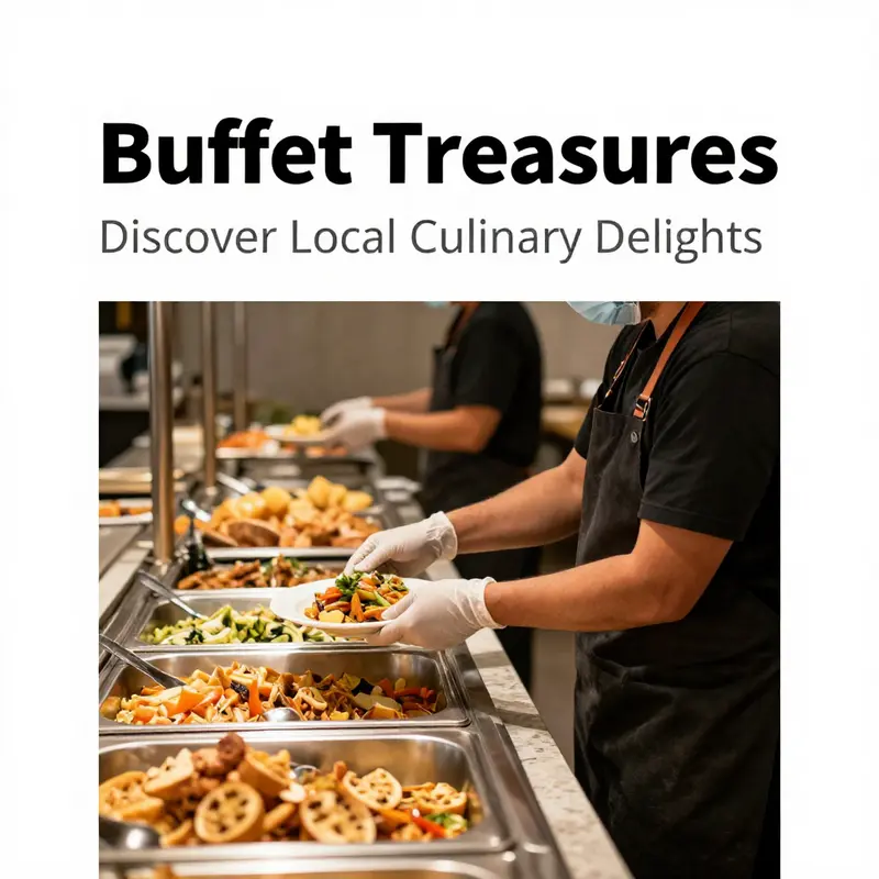 A vibrant buffet restaurant with diverse food offerings highlights the dining experience available nearby.