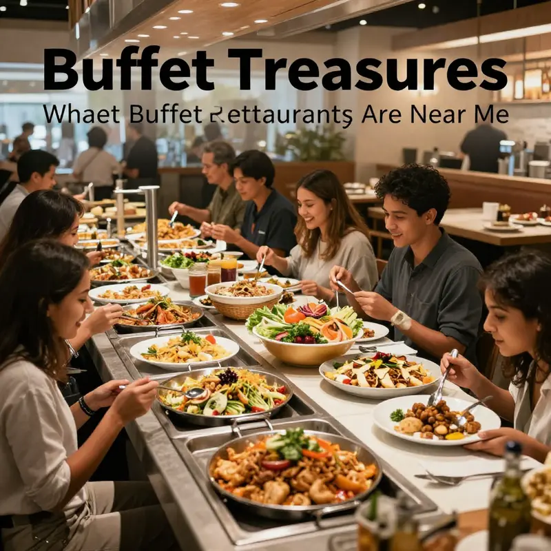 A vibrant buffet restaurant with diverse food offerings highlights the dining experience available nearby.