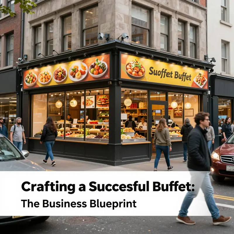 A buffet restaurant in a prime location, drawing in customers with its appealing storefront and menu displays.