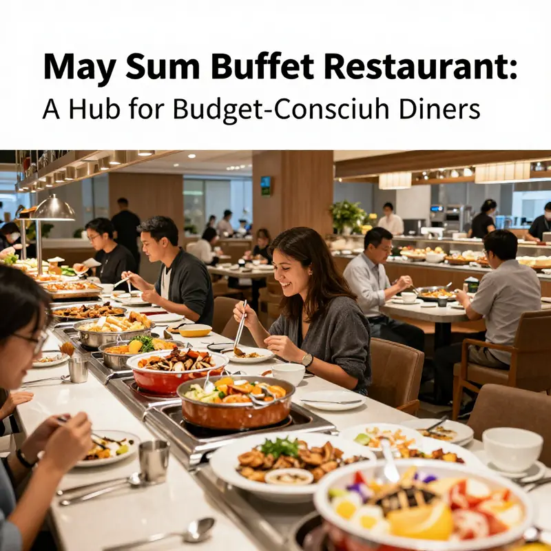 Interior of May Sum Buffet Restaurant featuring a spread of colorful dishes.