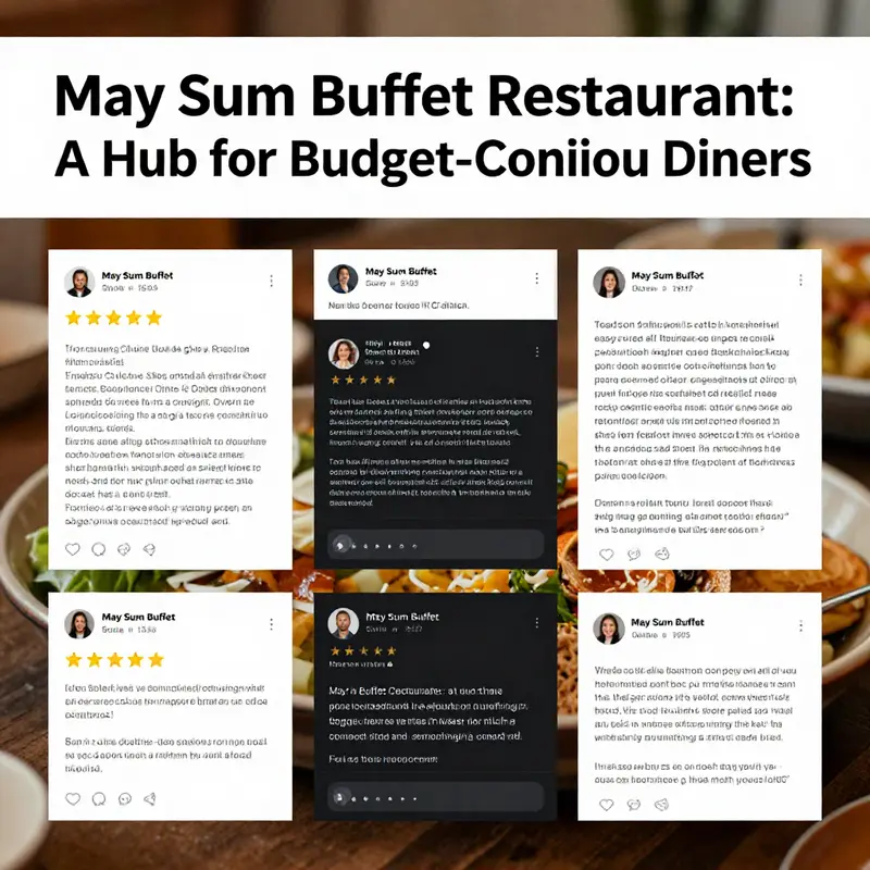 Interior of May Sum Buffet Restaurant featuring a spread of colorful dishes.