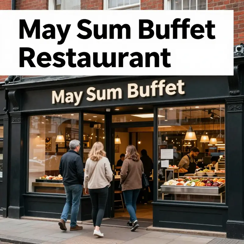 A welcoming exterior view of May Sum Buffet Restaurant, with guests entering and a vibrant dining atmosphere.