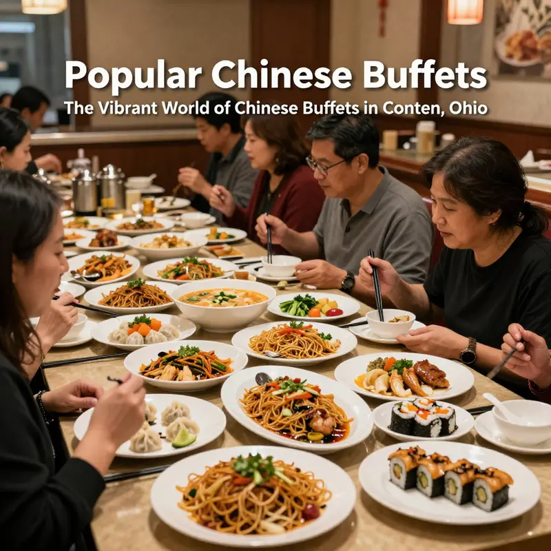 A bustling Chinese buffet scene in Canton, OH, featuring a rich variety of dishes to please every palate.