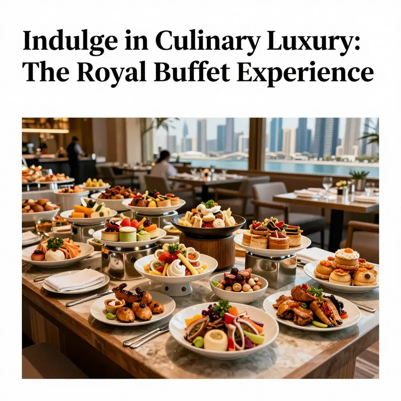 An exquisite spread of culinary delights at The Royal Buffet, combined with elegant dining arrangements and the scenic backdrop of Dubai.