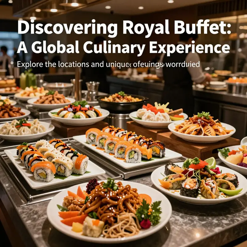 A colorful buffet display at Royal Buffet featuring various Asian dishes, inviting patrons to experience diverse flavors.