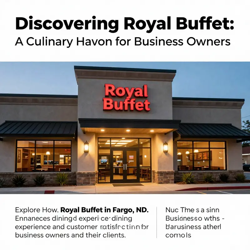 An evening view of Royal Buffet's exterior with signage lit up, welcoming guests for dining.