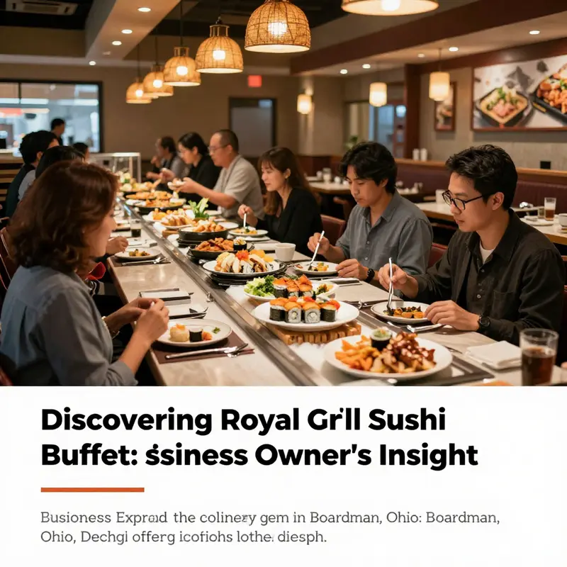 The lively interior of Royal Grill Sushi Buffet, filled with happy diners and a diverse buffet spread.