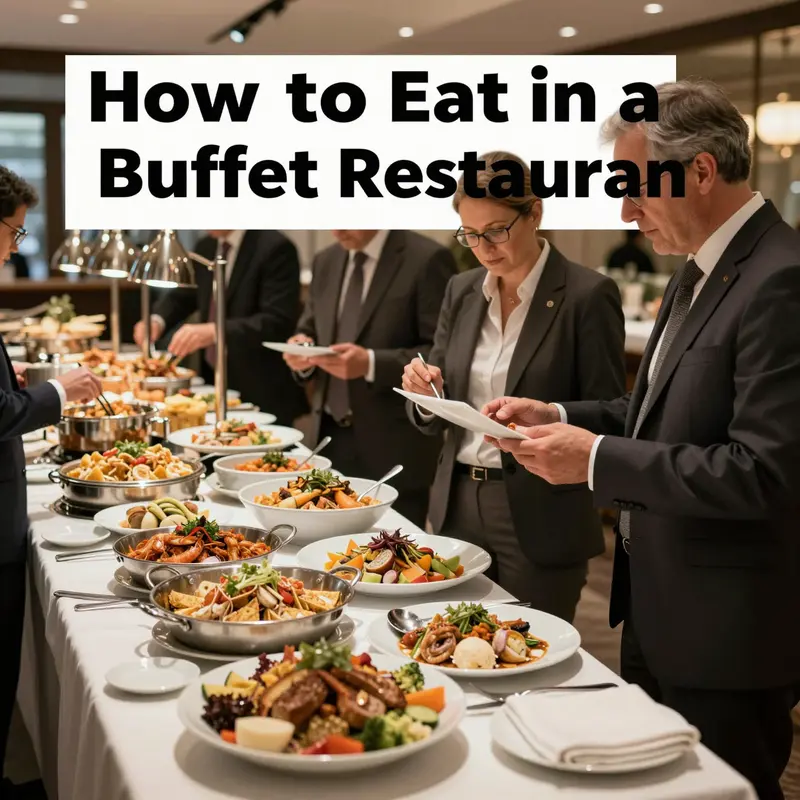 Professionals planning their approach at a buffet, ensuring maximum enjoyment.