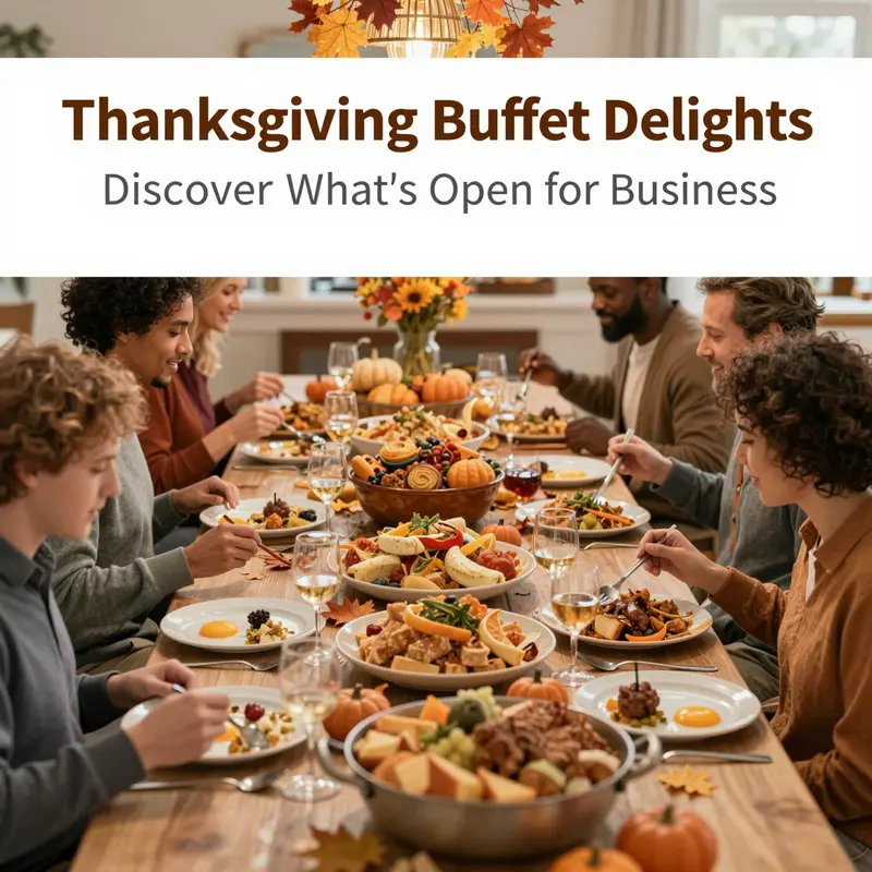 Thanksgiving buffet with traditional dishes surrounded by family members celebrating together.