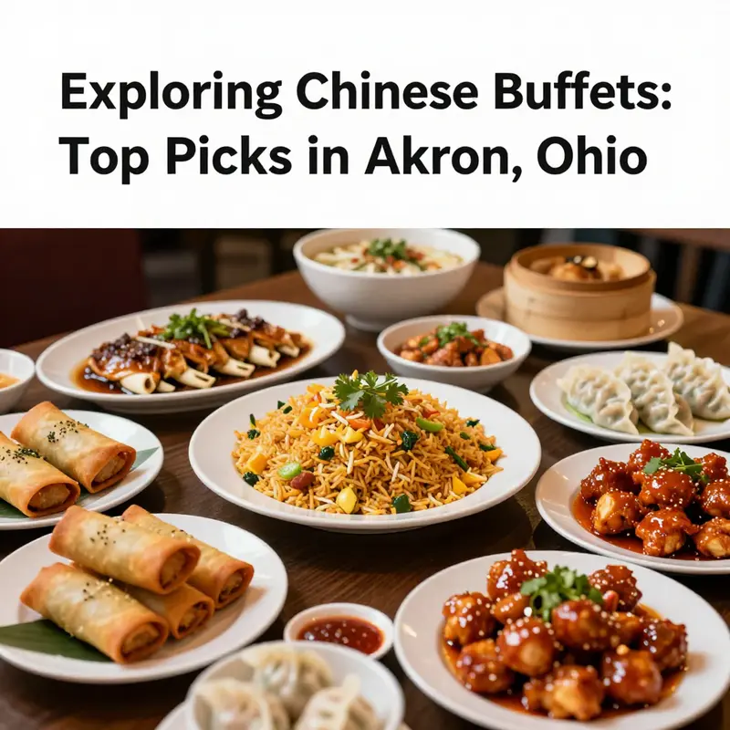 A colorful display of various dishes commonly found at Chinese buffets in Akron, Ohio.