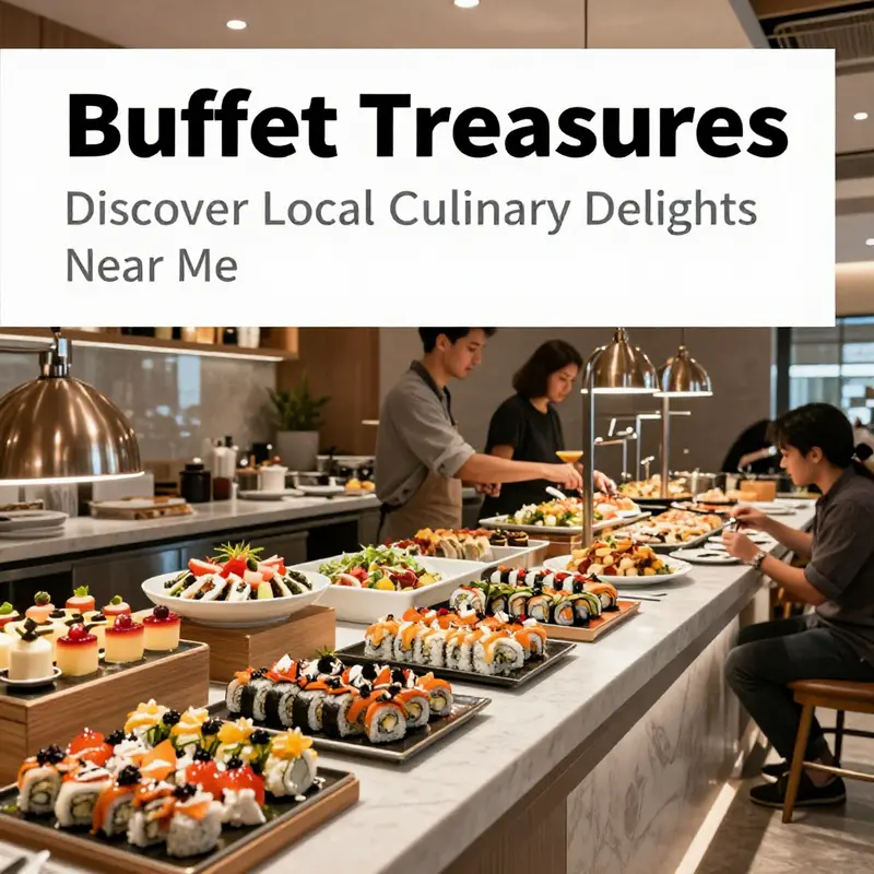 A vibrant buffet restaurant with diverse food offerings highlights the dining experience available nearby.
