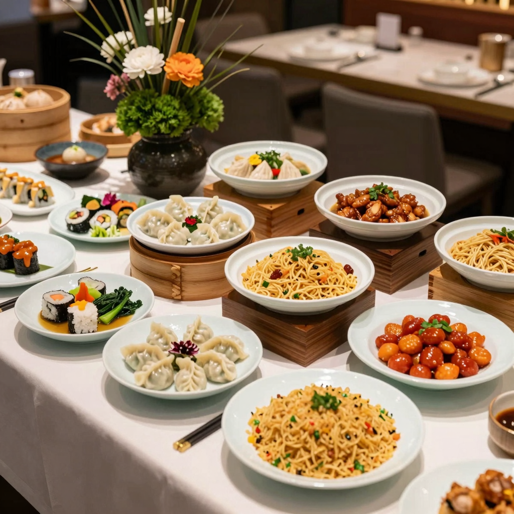 Chinese buffet setup showcasing array of dishes