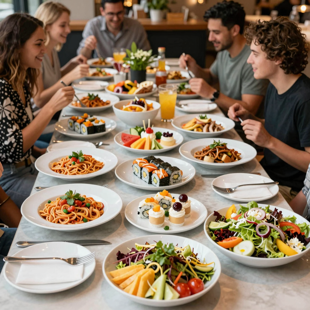 A vibrant all-you-can-eat buffet spread featuring various foods