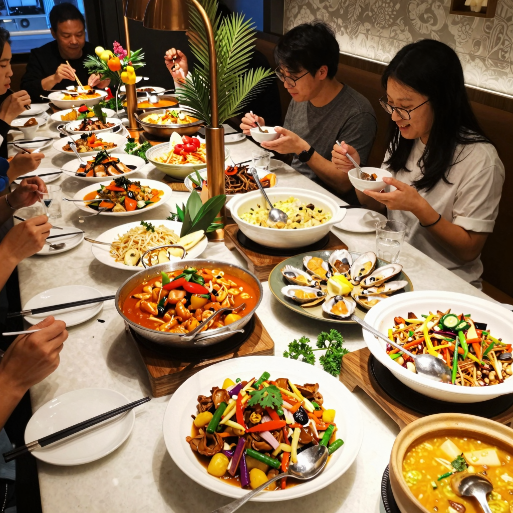 A vibrant all-you-can-eat buffet showcasing a variety of colorful dishes, decor, and happy customers enjoying their meal.