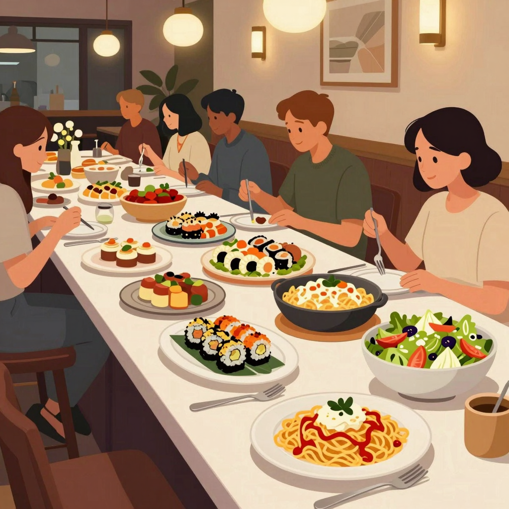 A warm and inviting buffet restaurant setting, featuring a variety of popular dishes such as sushi, pasta, desserts, and fresh salads displayed beautifully on a long buffet table. The ambiance reflects a welcoming atmosphere with friendly diners, soft lighting, and elegant decor.